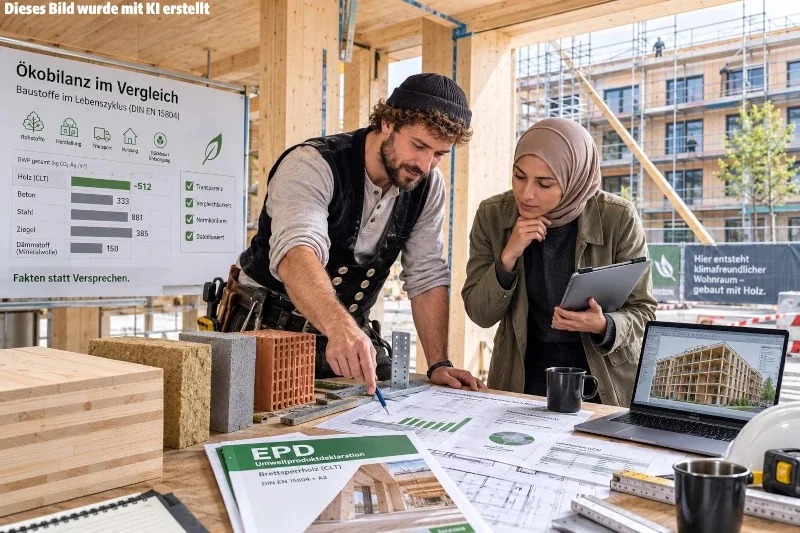 KI generiertes Bild: Ein Zimmermann und eine Architektin sehen sich Unterlagen über Bauprodukte an.