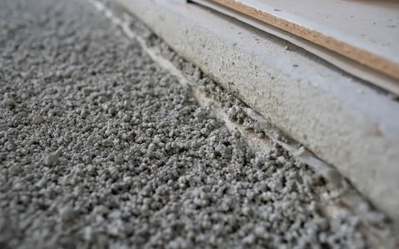 Leichtbeton oder Schüttdämmung an Türschwelle als Wärmeschutz im Bodenaufbau.