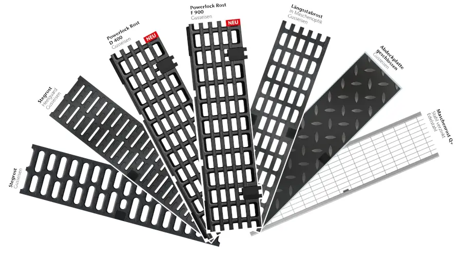 Verschiedene Arten von Gitterplatten, abgestuft nach Material und Design.