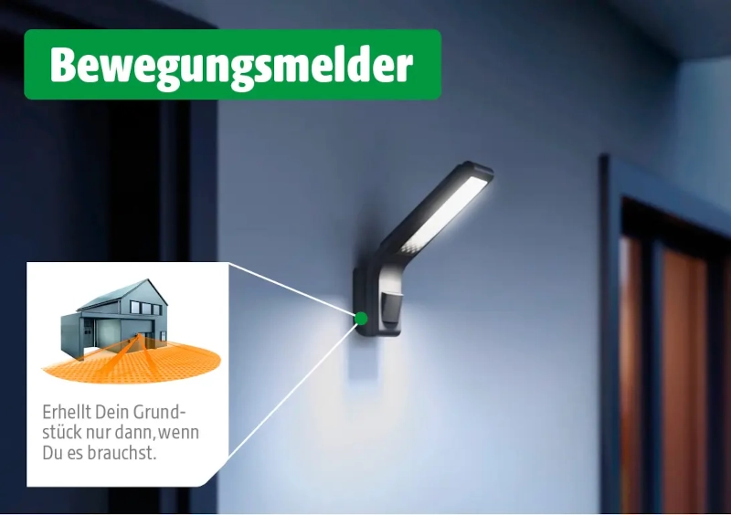 Bewegungsmelder aktiviert Beleuchtung bei Bedarf, zeigt Haus mit beleuchtetem Bereich.