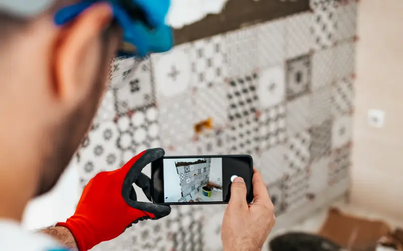 Handwerker macht mit seinem Handy Foto von Fliesenspiegel