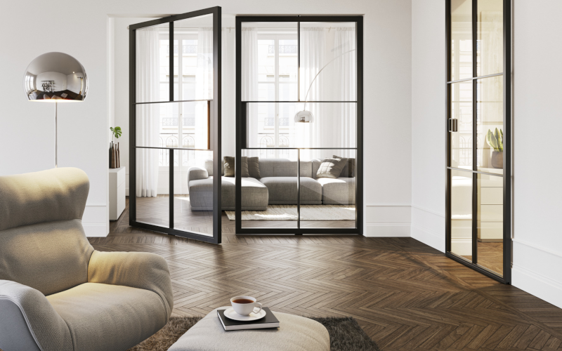 Modernes Wohnzimmer mit Pivottüren von Hörmann