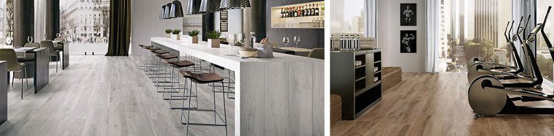Bodenbelag in Holzoptik in grau und in einem Holz-Ton