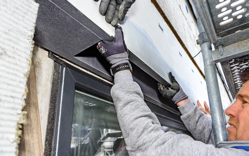 Handwerker bringt Dämmung für Jalousiekästen an