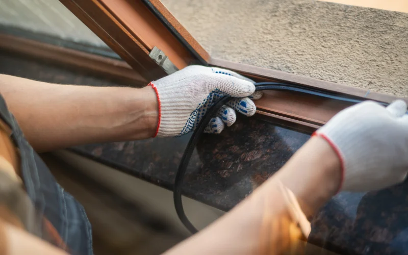 Mann wechselt die Dichtung eines Holz-Fensters