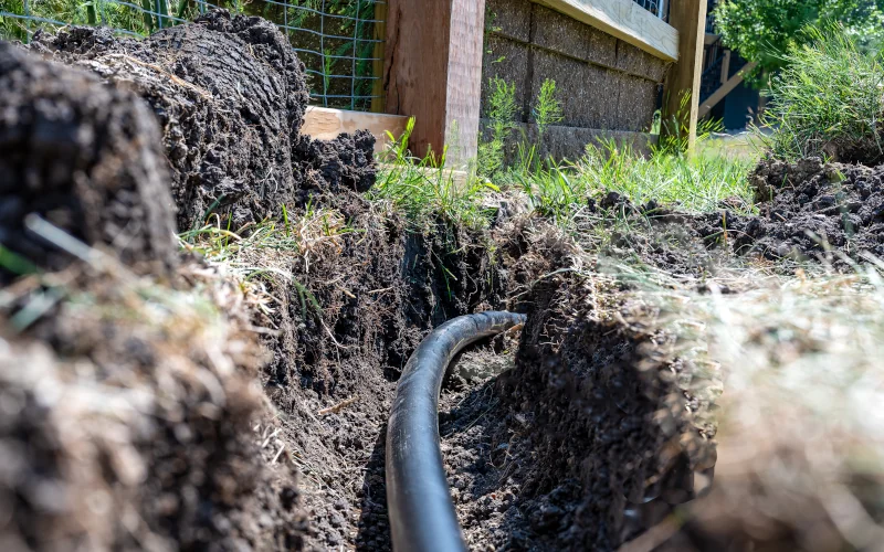 ein Wasserschlauch liegt in einem Graben in einem Garten