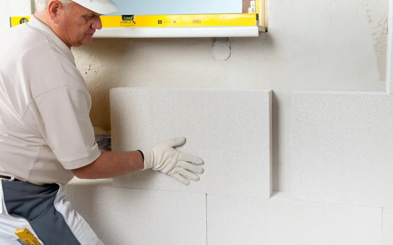 Handwerker bringt Multipor Dämmplatten von Xella an Außenwand an
