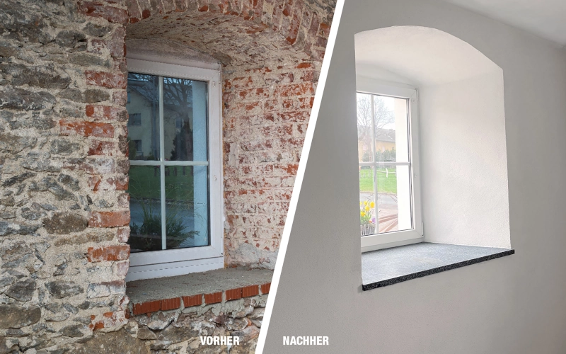 Sanierputz vorher und nachher Bild einer Innenwand mit Fenster