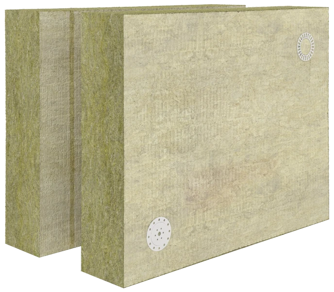 Zwei stehende Dämmplatten mit gelblicher Oberfläche und sichtbaren Befestigungspunkten.