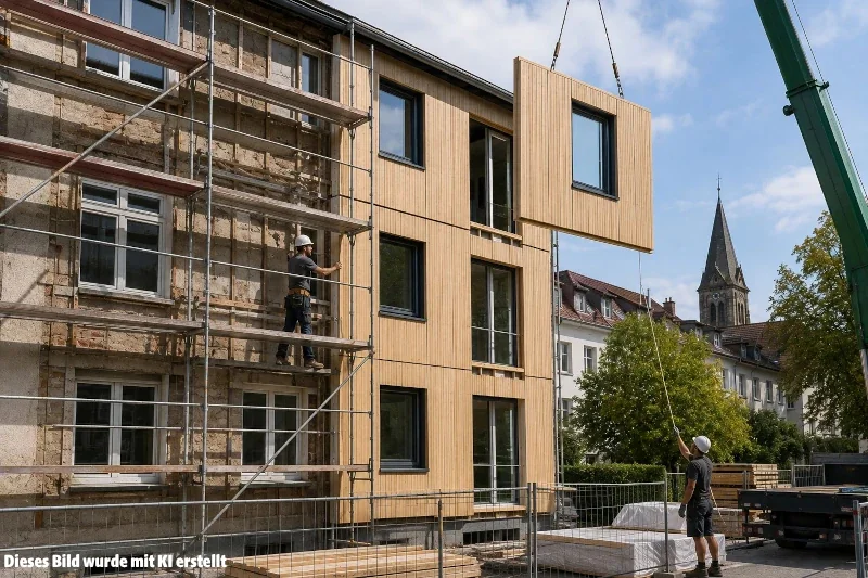 Ein großes Holzbau-Element wird mit einem Kran zu einem zu sanierenden älteren Haus gehoben.