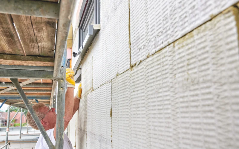 Handwerker bringt Dämmplatten an der Fassade an