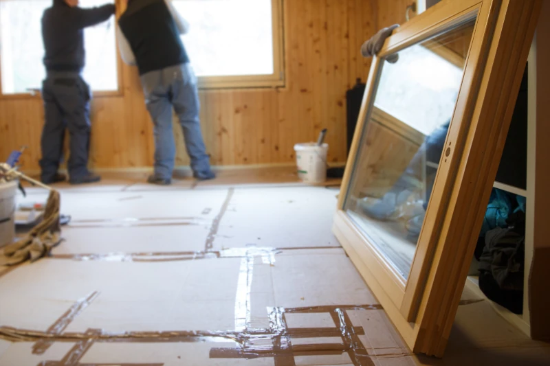 zwei Männer tauschen Fenster aus in einem Raum mit Holzwänden aus