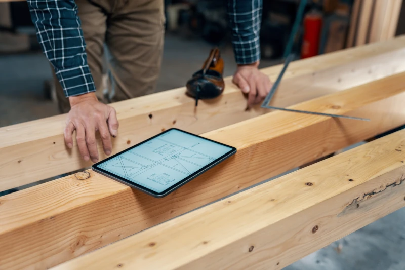 Mann schaut auf Tablet, welches auf zwei Holzbalken liegt
