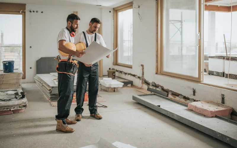 zwei Handwerker stehen in einem Raum und unterhalten sich über Pläne