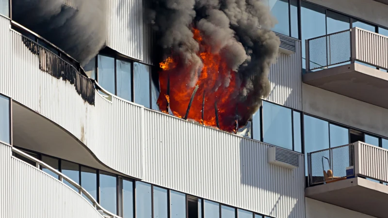 Ein Stockwerk eines Hochhauses brennt. Ein Brandriegel verhindert die Ausbreitung des Feuers.