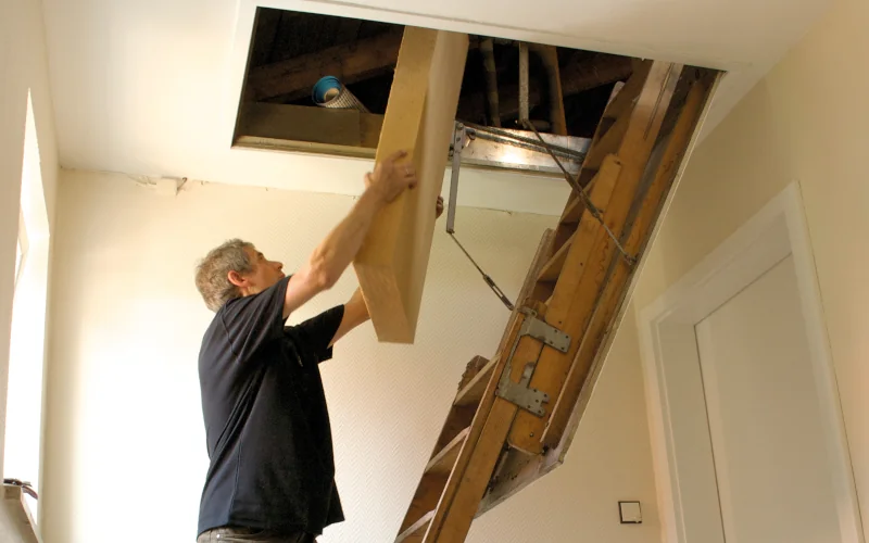 Handwerker gibt Dämmplatten an einen auf einem Dachboden stehenden Mann