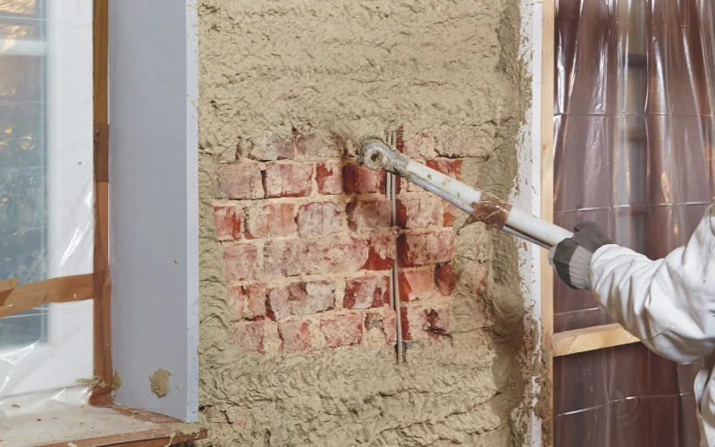 Handwerker bringt Dämmputz an einer Wand mit einem Schlauch an