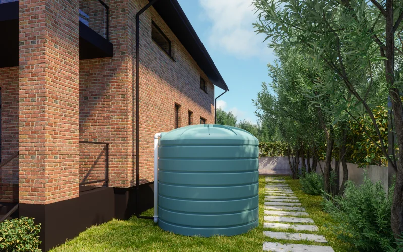 ein großer grüner Wassertank steht hinter einem Haus