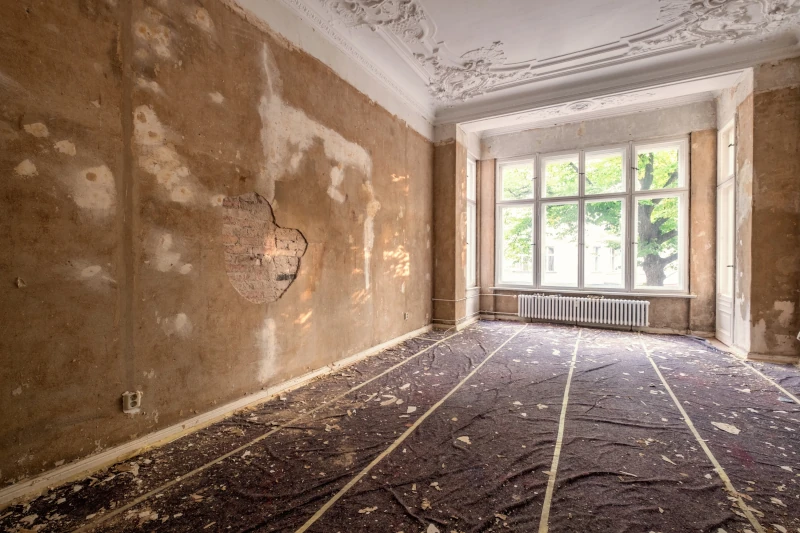 Sanierungsbedürftiger großer Wohnraum in einem Altbau.