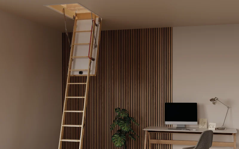 Arbeitszimmer mit Leiter zur Decke, Computer und Pflanze auf Schreibtisch.