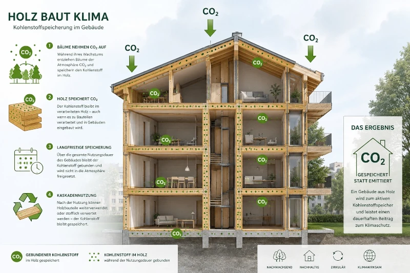 Schematische Zeichnung eines Mehrfamilienhauses in Holzbauweise. Bildlich wird die Einlagerung von CO2 in das verwendete Holz dargestellt.