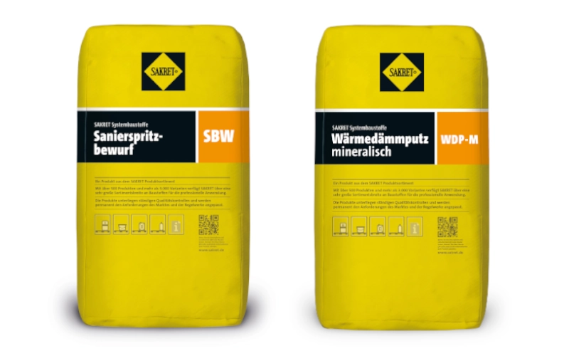 Produktbilder eines Sacks Wärmedämmputz mineralisch und eines Sacks Sanierspritzbewurf