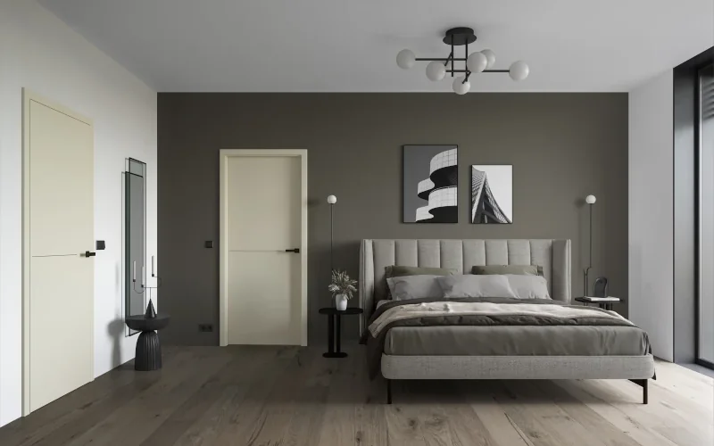 Schlafzimmer mit braunen Wänden, weißen Decken und weißer Zimmertür