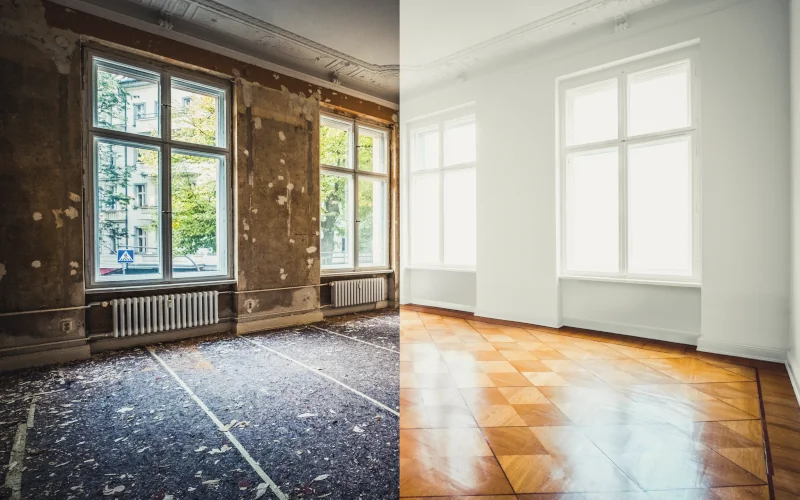 Wohnraum in zwei Hälften geteilt. Einmal sanierungsbedürftig und einmal saniert