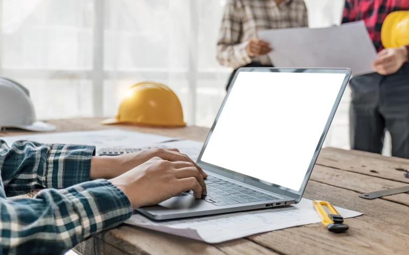 Handwerker am Laptop, Bauingenieure und Handwerker arbeiten zusammen