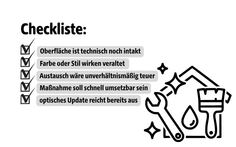 Canva Grafik einer Checkliste für das Thema ab wann Aufarbeiten sinnvoller ist als Ersetzen