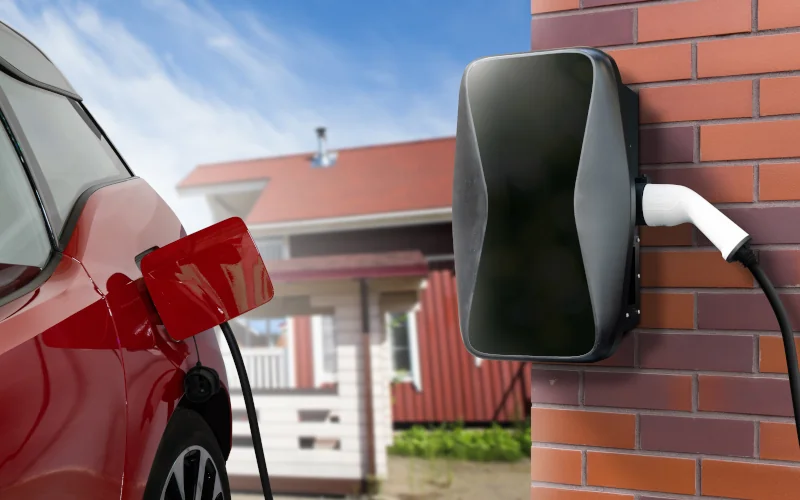 Stromspeicher für E-Auto an der Fassade mit Auto davor