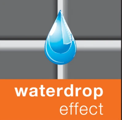 Symbol für den Wasserabperleffekt, blaue Tropfen auf orange Hintergrund.