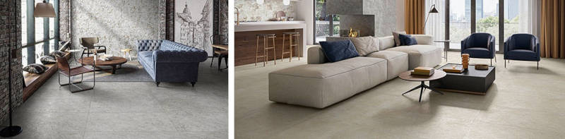 Gemusterte Wand- und Bodenfliesen in verschiedenen Grau- und Beige-Tönen
