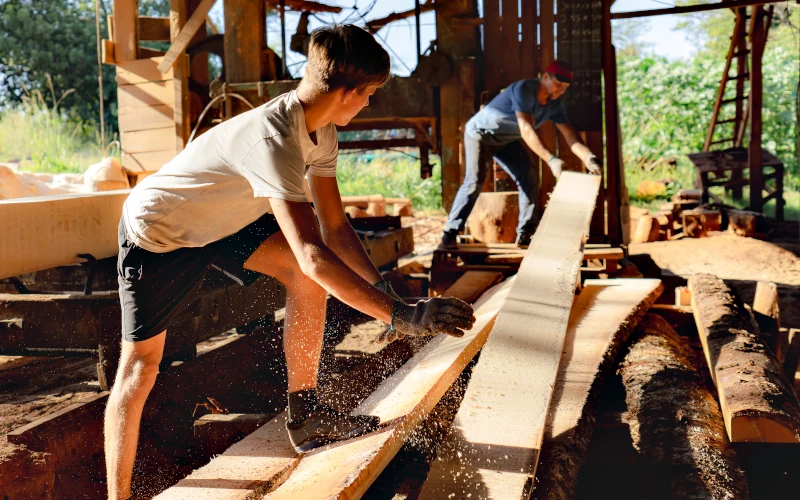 Ein Chef und sein Lehrling verarbeiten Holz