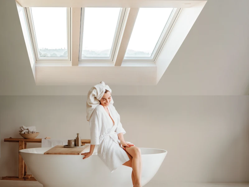 Frau sitzt in Badezimmer auf Rand von Badewanne unter 3 Heiz-Dachfenstern.