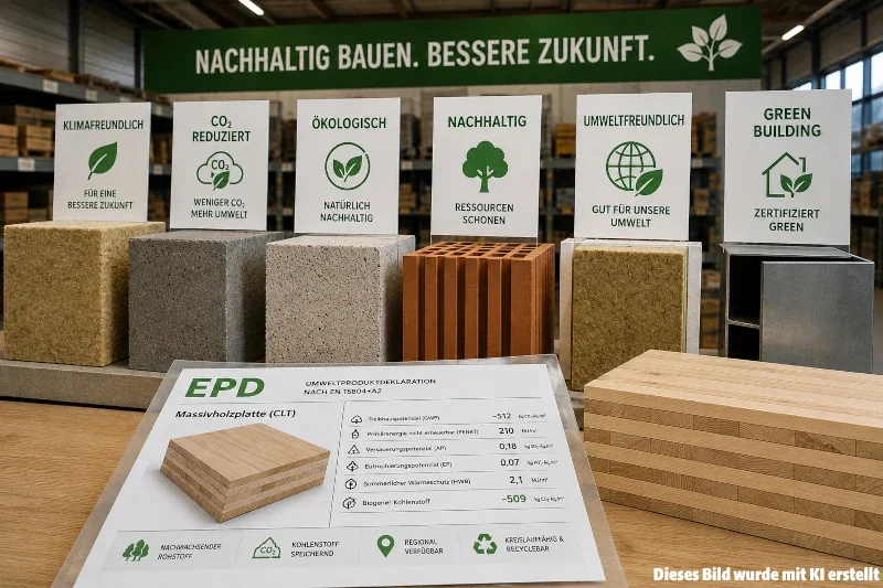 KI generiertes Bild: Verschiedene Baustoffe mit unechten Ökolabels stehen nebeneinander.