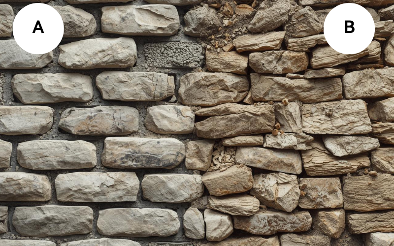 Bild zwei verschiedener Varianten einer Natursteinmauer, links als Variante A die gemörtelte Version, rechts als Variante B die trockene Version