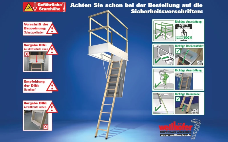 Übersichtenblatt von Holz-Bodentreppen von Wellhöfer mit Sicherheitsgeländer