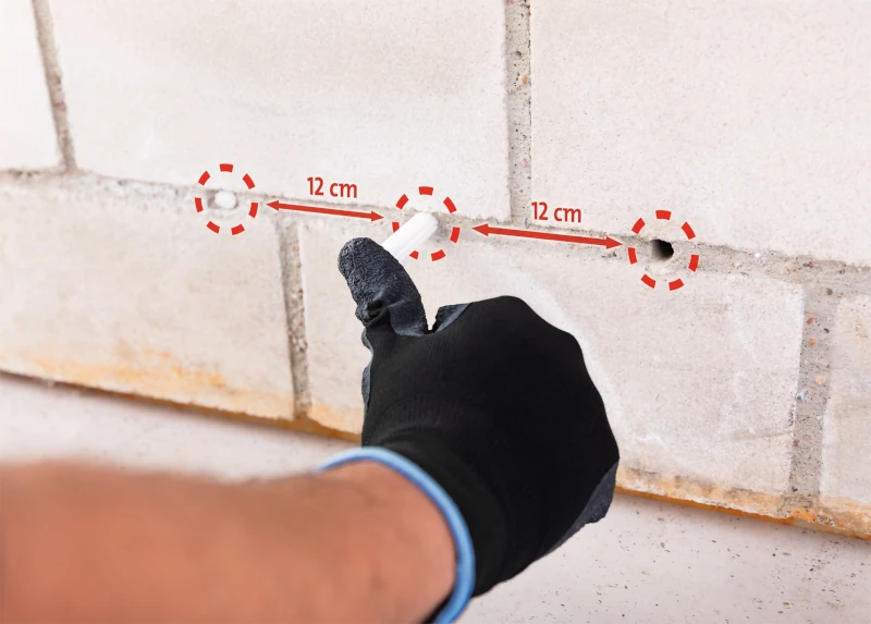 Dübel werden in vorgebohrte Löcher in der Wand gesteckt
