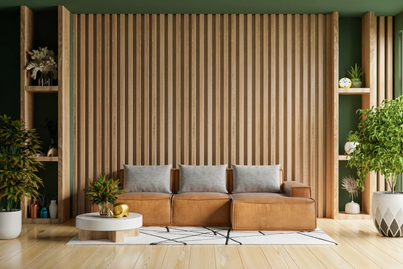 Sofa steht vor Wand mit Holzverkleidung dienend als Akustiklösung