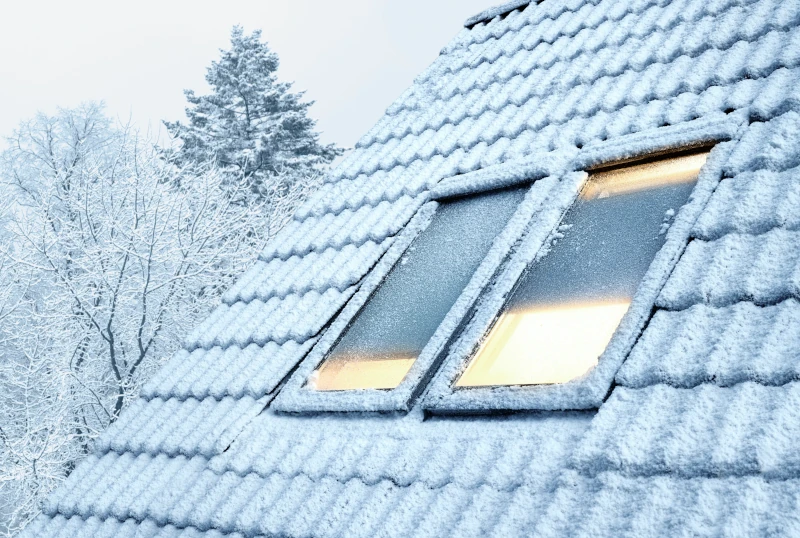 Schneebedecktes Dach mit zwei Dachfenstern