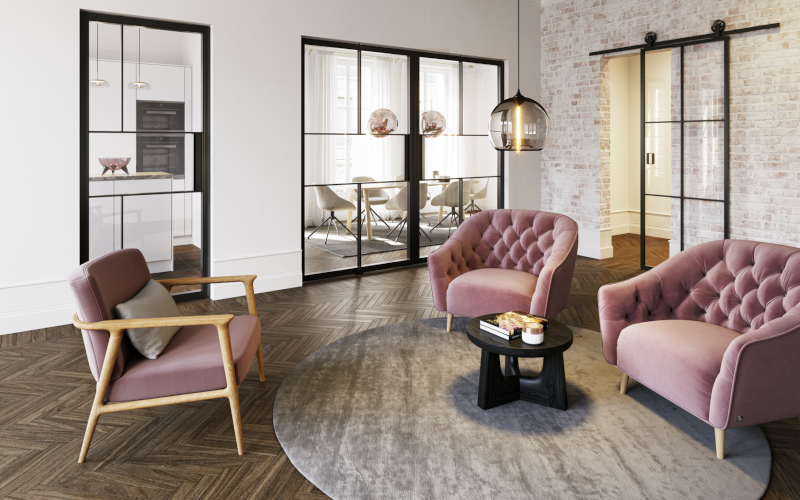 Modernes Wohnzimmer mit Pivottüren von Hörmann