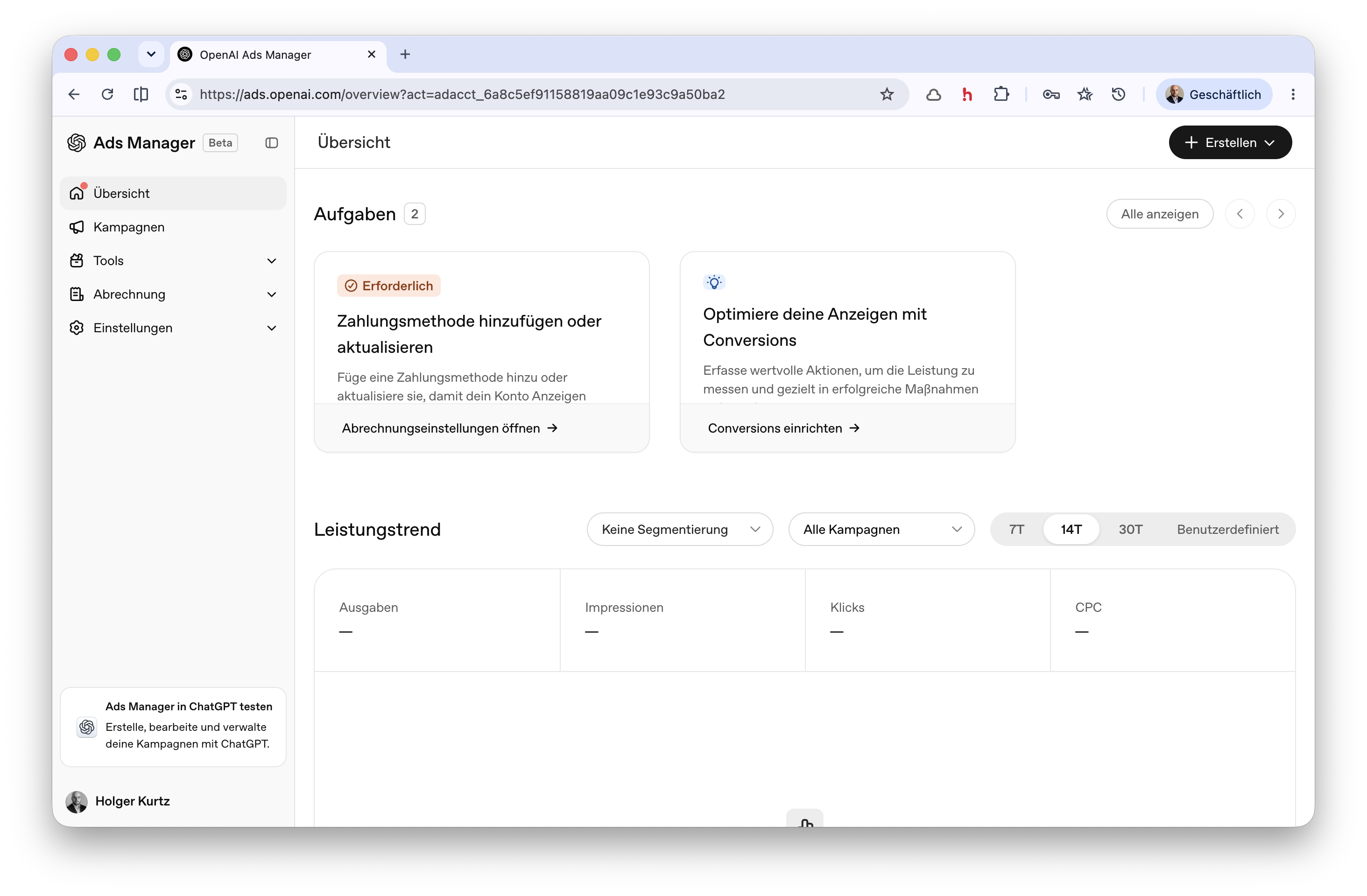 ChatGPT Ads: Screenshot Kampagnenmanager