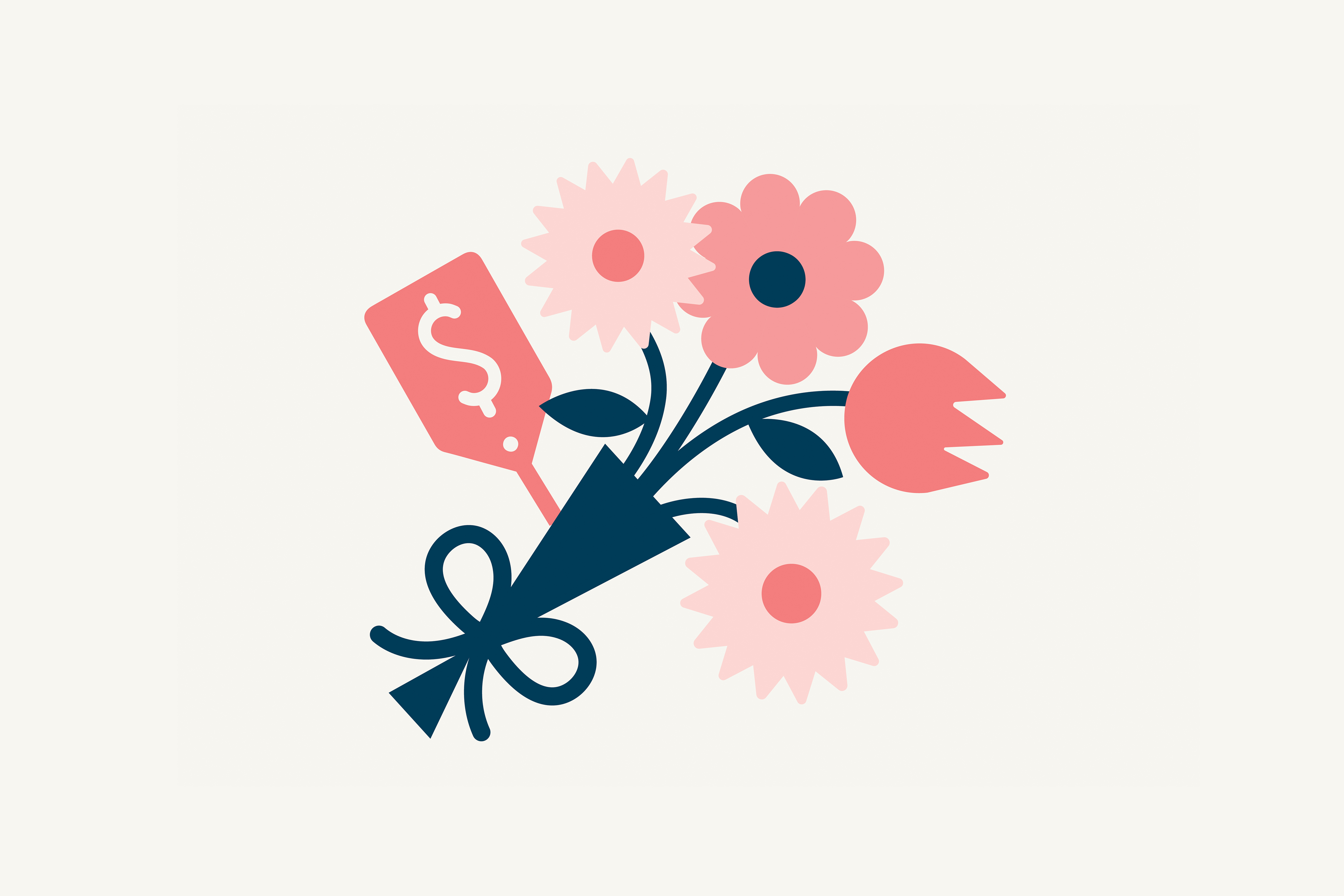 Graphic in pink tones with a bouquet of flowers and a price tag with a dollar sign