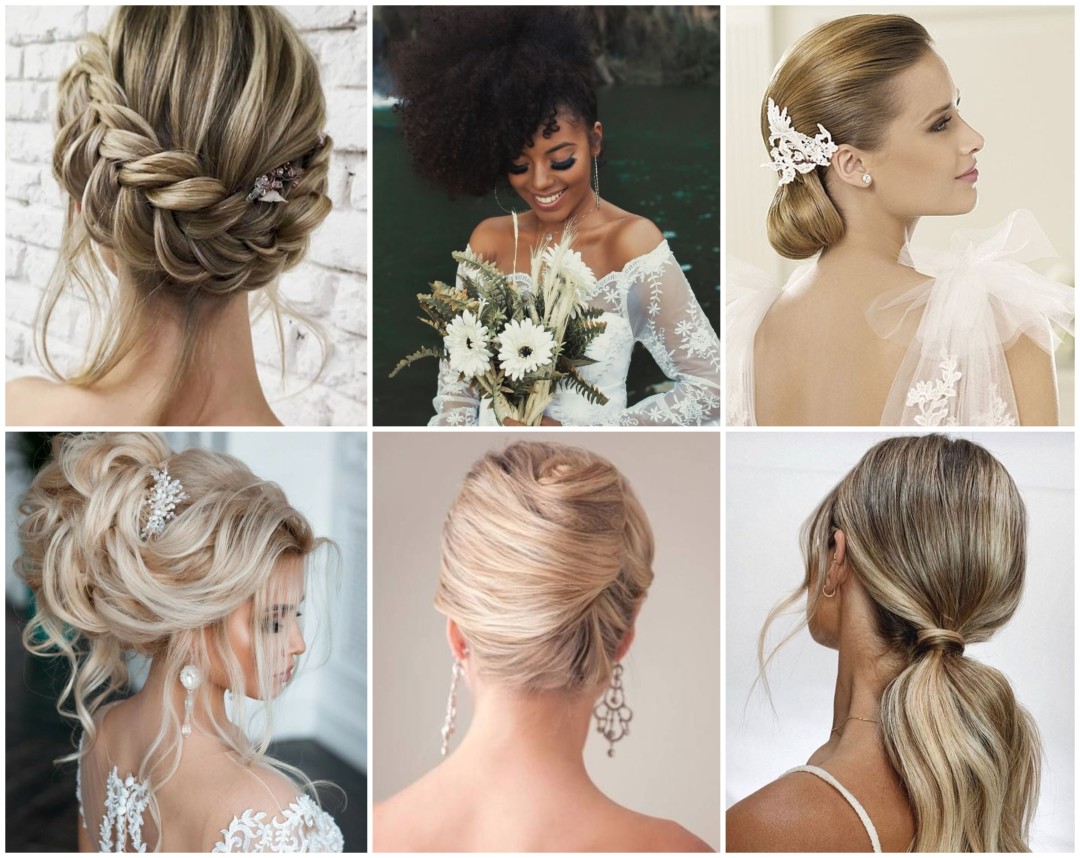 A curated collage of the most popular updos shown on brides of various hair colors and ethnicities