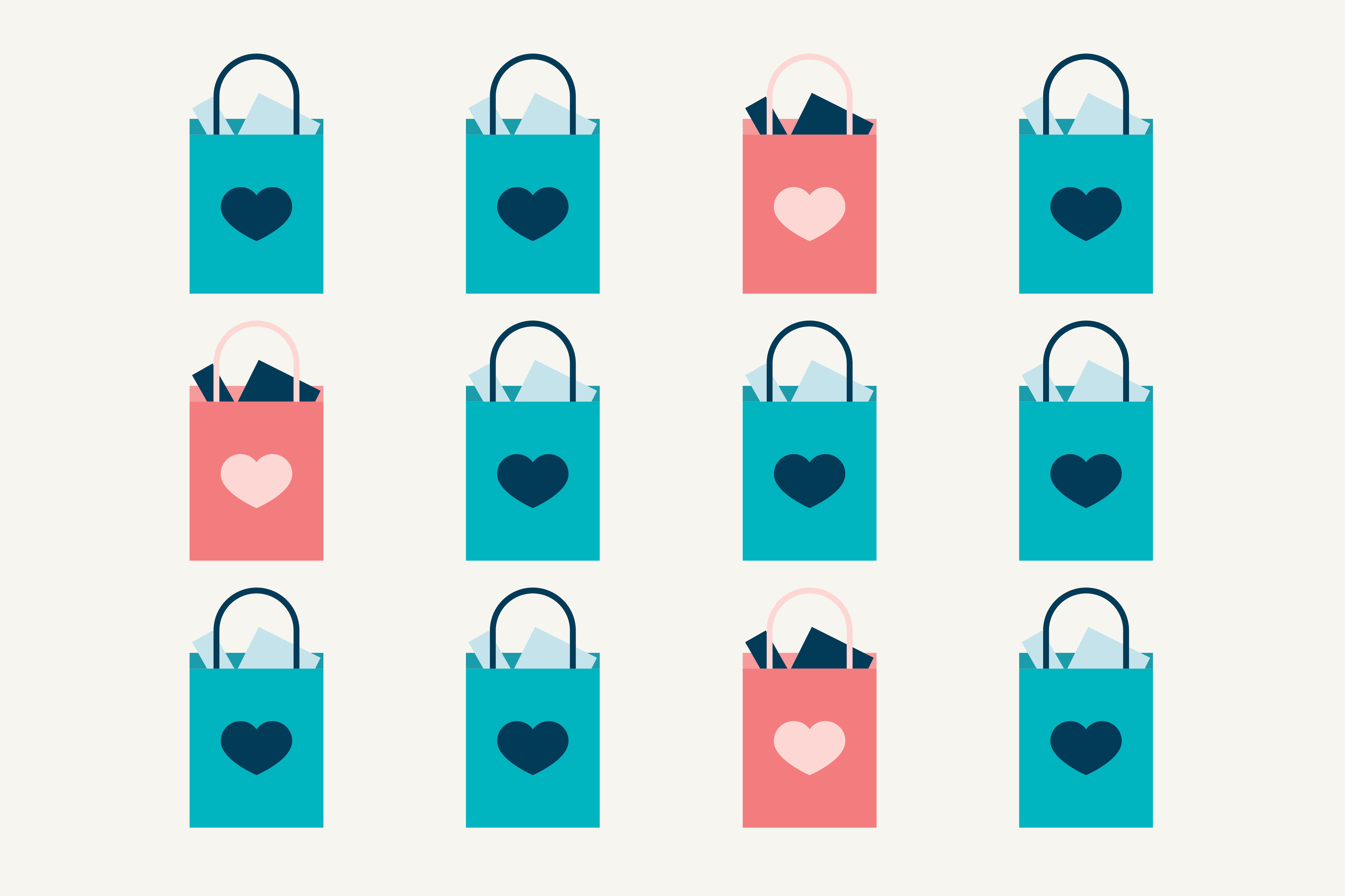 Illustration graphic of 12 gift bags with hearts on them and tissue paper peeking out of each one