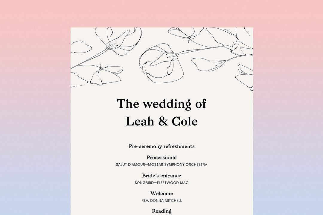 wedding ceremony program from Zola on a table tucked half inside a leather clutch purse