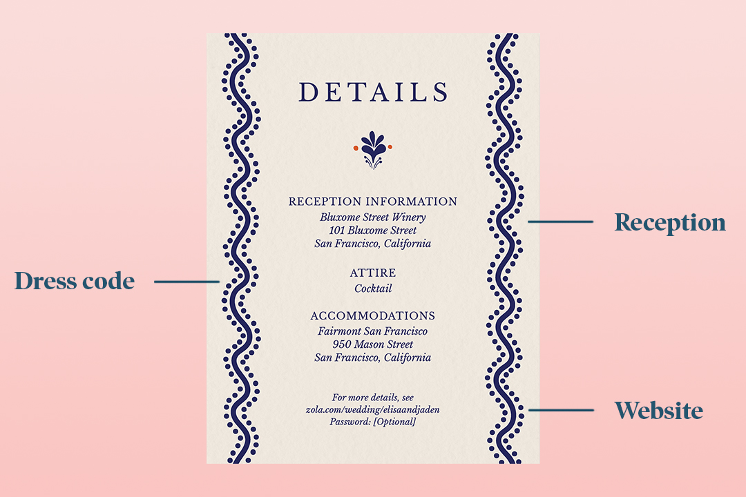 Graphic image of wedding details called with text calling out reception location, dress code and website