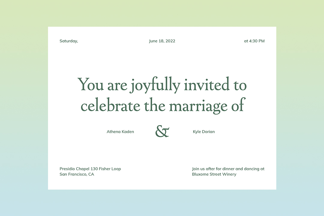green invitation suite laying on beige table.