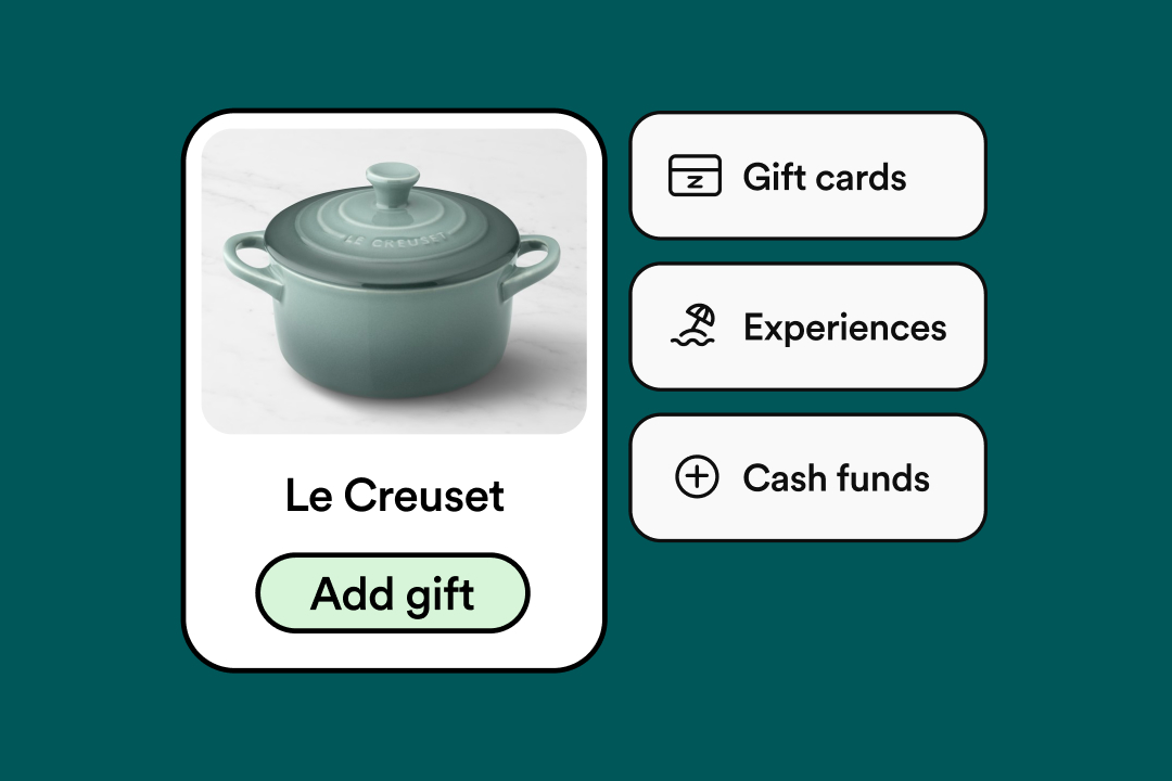 Composite image of green Le Creuset lidded pot to be added to registry along with other registry suggestions like gift cards, experiences, and cash funds